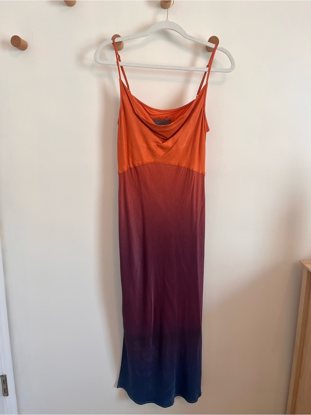 Anthropologie Ombre Cowl Neck Maxi Dress in Orange and Burgundy-Blue